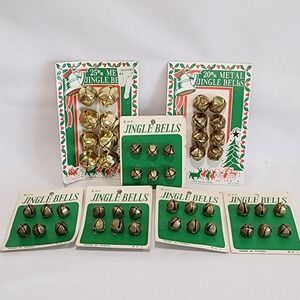 NOS Vintage Gold Metal Jingle Bells Lot 7 Cards 20-25mm Christmas Craft Supplies